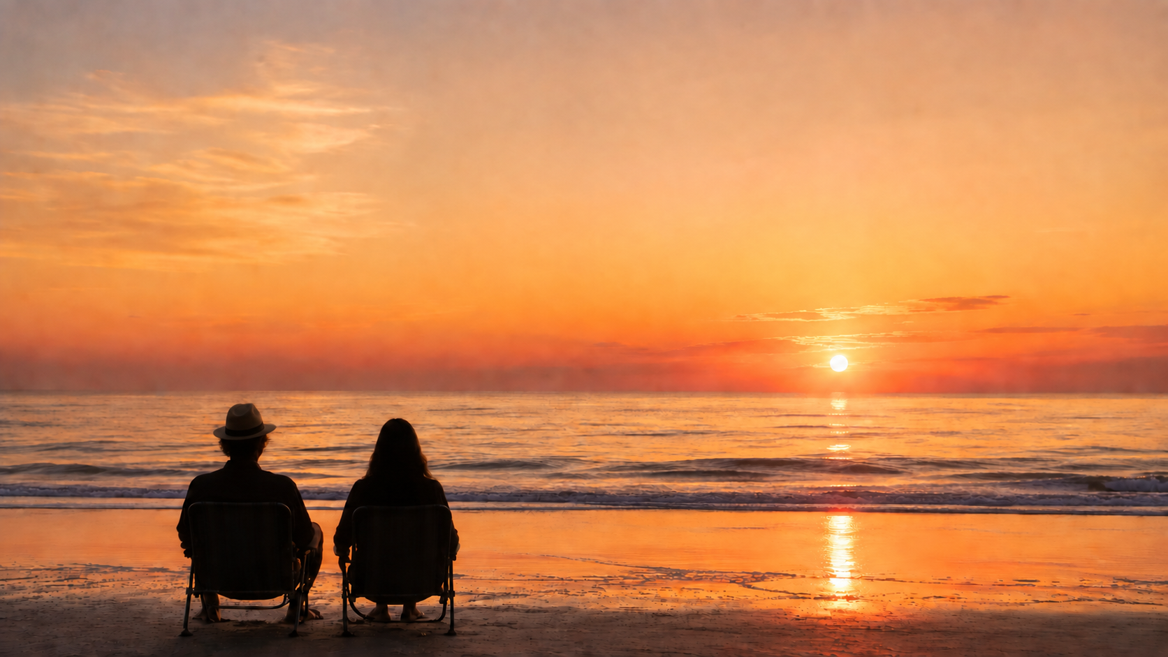 A man in a brimmed hat and a woman seated together in beach chairs, watching the sun set over the ocean